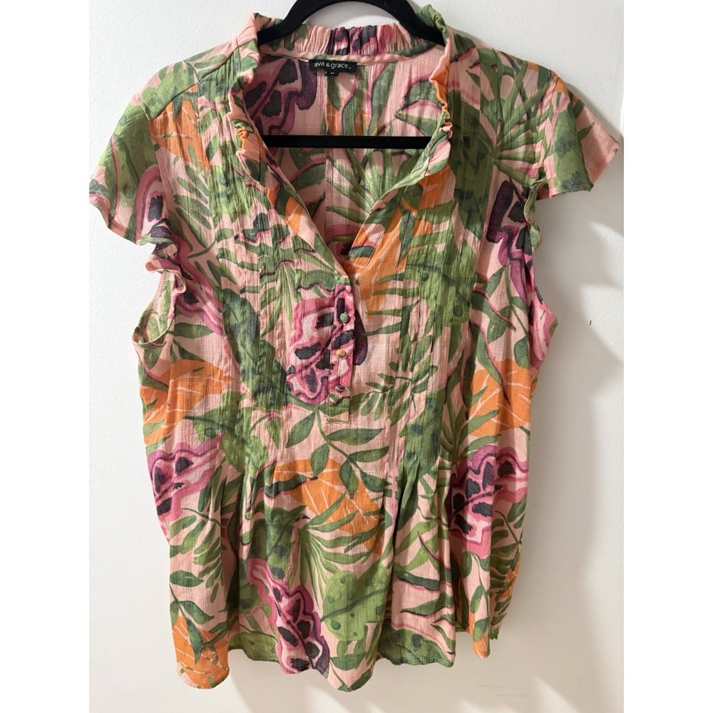 Ava & Grace Pink Floral Flutter Sleeve Chiffon Gauze Blouse XL SUMMER TROPICAL - Picture 2 of 9